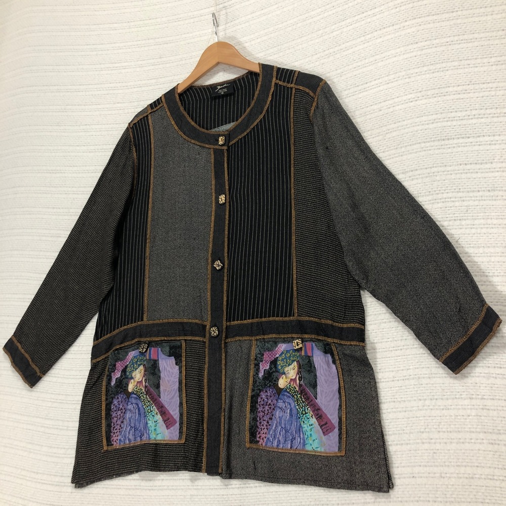 Zashin Art To Wear Jacket Asian Inspired Pockets Button Front Gray Black M‎